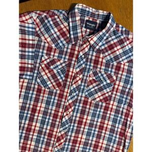 Wrangler Western Snap Shirt Men XXL Red Blue Plaid Pearl Snaps Short Sleeve